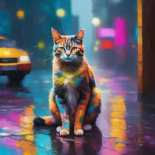 Prompt: A colourful and beautiful house cat in the rain in a cyberpunk world in a painted impressionistic style