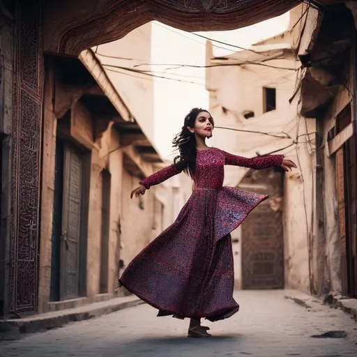 Prompt: An Iranian girl dancing in the streets of Iran with Iranian architecture