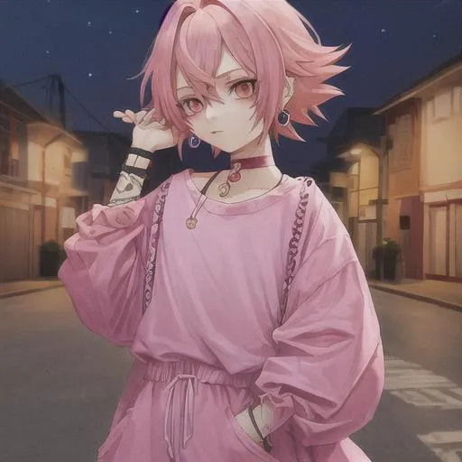 Prompt: pink hair, baggy street clothes, night, feminine anime boy, earrings, choker, vtuber