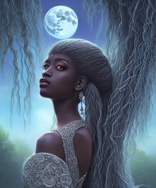 Prompt: An ethereal highly detailed painting of a very beautiful 1990's well to do black woman, dress, long hair, perfect complexion, gorgeous face,
short whispy hair, award-winning,  Cinematic fantasy atmosphere, weeping willow, full moon, cgi, artgerm