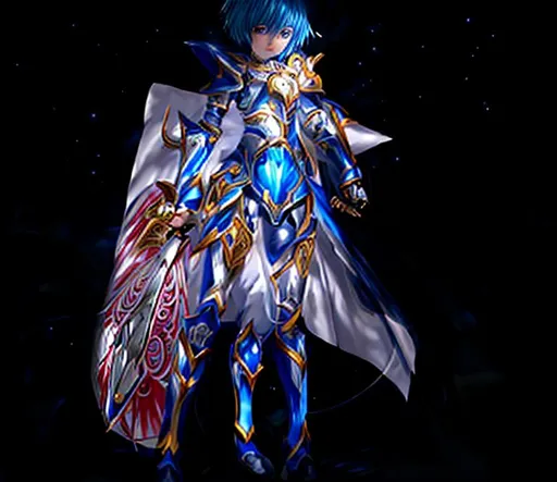 Prompt: Anime, painted, (masterpiece), best quality, expressive eyes, perfect face, full body, 1girl, fourteen years old, dressed in a blue skin tight bodysuit under a set of white armor, wielding a blue tower shield, chest plate with a small blue gem in the middle, short blue hair, blue eyes, determined expression, gauntlets, greaves, armored boots,