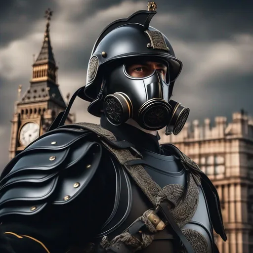 Prompt: A modern roman military male in black military armor galea helmet of roman armor, with a gunfire and gas mask, background Battle in London, UK, Hyperrealistic, sharp focus, Professional, UHD, HDR, 8K, Render, electronic, dramatic, vivid, pressure, stress, nervous vibe, loud, tension, traumatic, dark, cataclysmic, violent, fighting, Epic