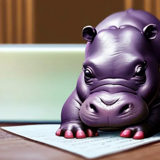 Prompt: Baby hippo sitting on a desk