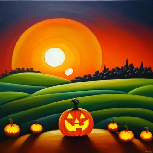 Prompt: oil painting. A spooky pumpkin in a pumpkin patch during a golden sunrise over a green field.