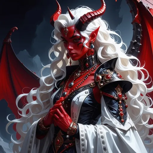 Prompt: Female demon, striking red skin, flowing white hair, adorned in lavish, intricate royal attire, exuding an air of power and elegance, adorned with ornate jewelry and accessories, set against a dramatic, shadowy background, evoking a sense of mystique and allure, high detail, vibrant colors, fantasy realm ambiance.