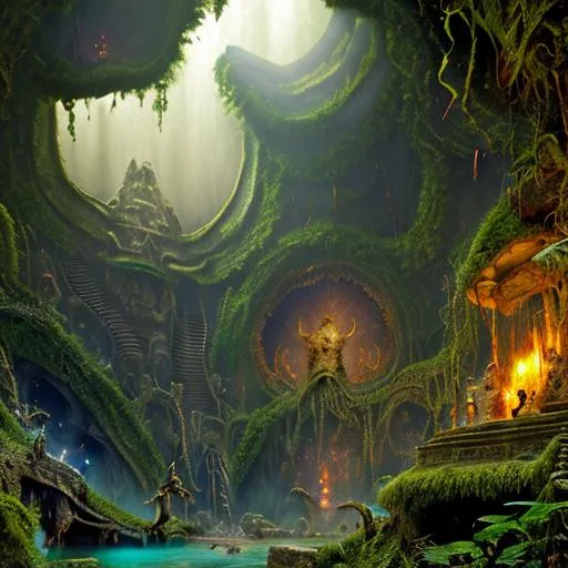 Prompt: Scenary of film Indiana Jones The Temple of Perdition, videogame Rayman, hyperrealistic, photorealistic, ultra-detailed, intricate details, unreal engine, octane render, bioma of scarped mountain, cavern in the montain   and amazing forest,rocks and gigant green fern, lake , 4k. A vine covered tutor in the style of alexander jansson and gediminas pranckevicius mystical, magical, bloosom, volumetric lighting.