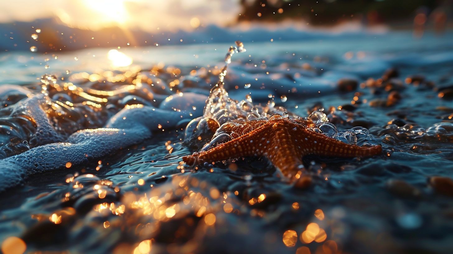 Prompt: 3D render of a picturesque beach scene, where a radiant starfish is partially submerged in gentle waves. As the lower half touches the water, it seems to fragment into a plethora of tiny particles. Above, a peculiar distortion in the water provides a vantage point to a horizon illuminated by the soft glow of evening, with faint silhouettes in the distance.