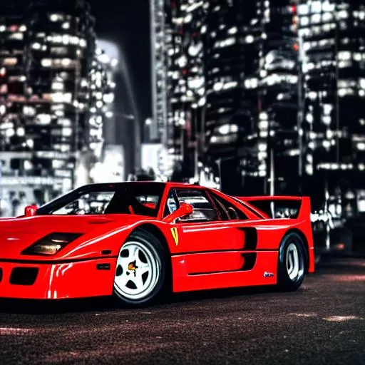 Prompt: Red Ferrari F40 prowling the streets at night with a neon backdrop