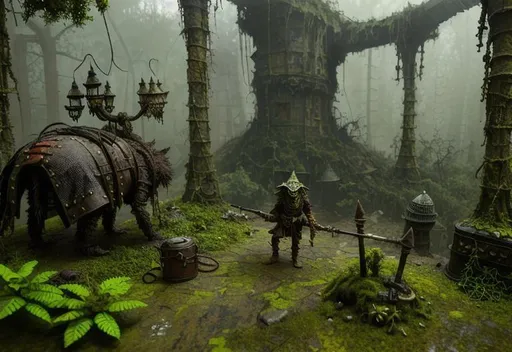 Prompt: dirty, eerie kobold,  ragged cloak, belts and pouches, spear,  mossy, decaying, rusty and worn,  intricate detail,  show antennas and wires and circuits, old apocalyptic city wasteland overgrown by oppressive huge forest, vines, plants and roots growing, cracking through walls, 3d render,  high detail,