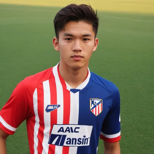 Prompt: Guy in late teens to early 20s whose father is Danish (and a smaller bit German) and whose mother is Chinese, Malaysian, and Taiwanese Filipina (he looks mixed - also called Wasian). He is a footballer for Atletico Madrid (shirt visible).