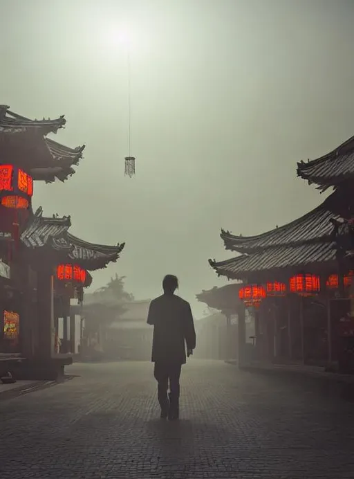 Prompt: misty asian fantasy town with tall buildings and gnarly old bonsai looking trees. plants. asian architecture. red chinese lanterns. marketplace in the sunset. man walking next to a dragon. man in black coat with cowlicky hair. dragon with white glowing mane looks blue in the backlight. long shadows on cobbled floor