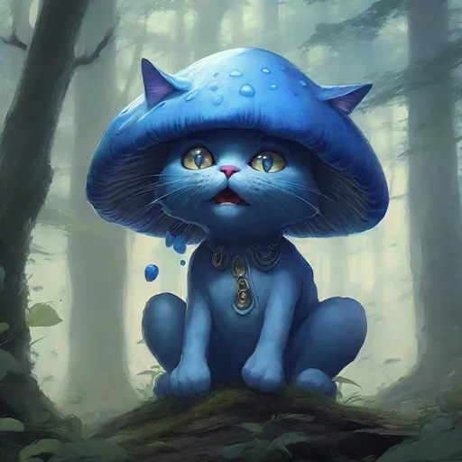 Prompt: blue mushroom humanoid cat, in forest