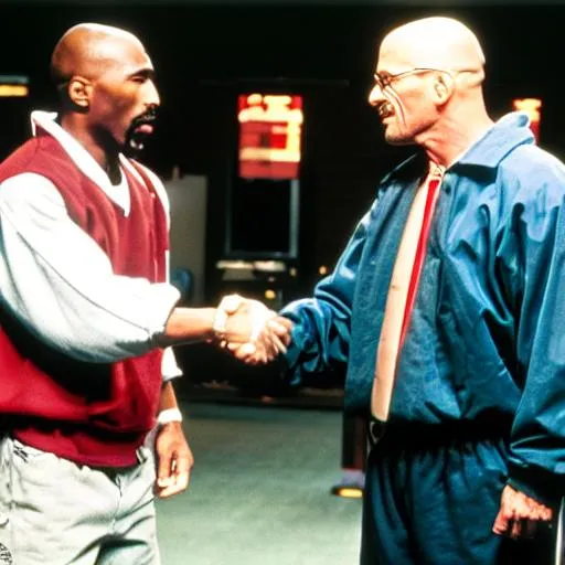 Prompt: walter white shaking hands with tupac
