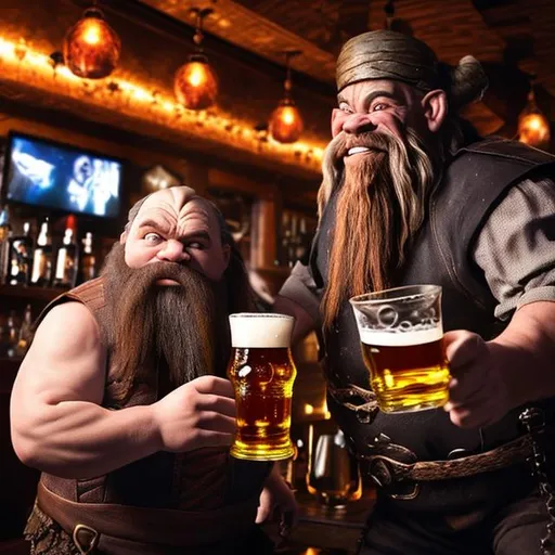 Prompt: A giant and a dwarf at a bar drinking some beer 