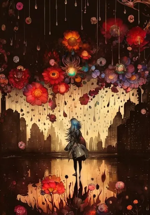 Prompt: Rain of flowers at a night City art by Art by caia Koopman,Takashi Murakami, Agnes Cecile, sascalia, Anselm Kiefer, catrin welz-stein, endre penovac. Highly detailed, intricate, crossed colors, beautiful, high definition, fantastic view. 3d, iridescent Watercolors and Ink, intricate details, volumetric lighting. 
