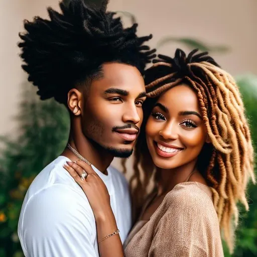 Prompt: Black romance book cover. Black woman with rose beige skin, freckles and dark brown two strand twists hugs black man with beige skin, long dreadlocks and hazel eyes