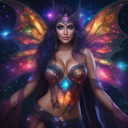 Prompt: A complete body form of a stunningly beautiful, hyper realistic, buxom woman with incredible bright eyes wearing a colorful, sparkling, dangling, glowing, skimpy, natural, flowing, sheer, fairy, witches outfit on a breathtaking night with stars and colors with glowing, detailed sprites flying about