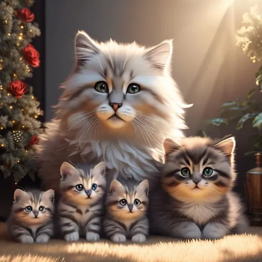 Prompt:  realistic fluffy very cute and eyes calm lighting, highly detailed, fluffy, adorable, beautiful, soft dramatic lighting, light shafts, radiant, ultra high quality render, realistic background, full body mama cat with baby kittens nursing and paws 