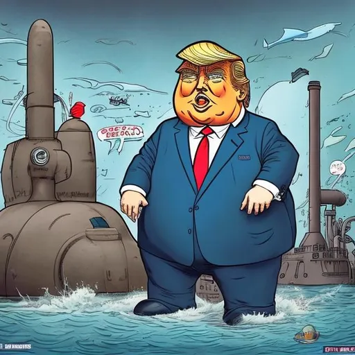 Prompt: Cute, obese Trump in front of a submarine in drydock, dark-blue suit, too long red tie, u-boat scene, bright colored, Sergio Aragonés MAD Magazine cartoon style