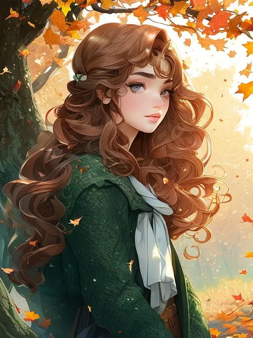 Prompt: Royo: Autumn landscape: A beautiful student girl walks alone in the park of Dark Academia. Fantastically beautiful face, long, light brown, wavy hair, high forehead, thin eyebrows, emerald green eyes, straight nose, naturally full lips, prominent face, facial muscles. Falling leaves around him. "Your mind shines brightest when you're alone" - silver and gold ink, extremely thin lines, dark blue watercolor - detailed, precisely crafted masterpiece by Luis Royo.