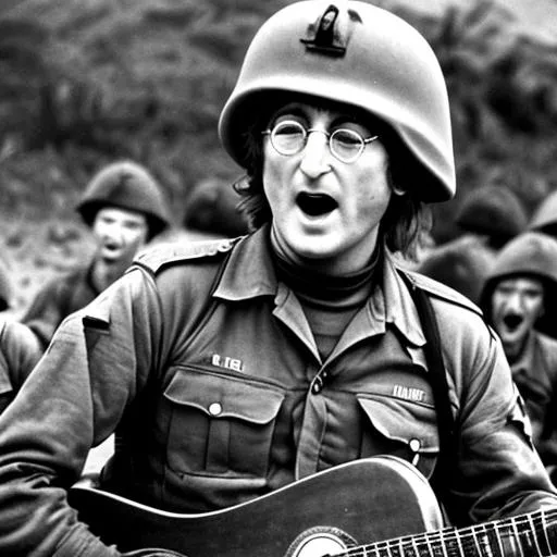 Prompt: John Lennon as himself singing to soldiers Vietnam War  photo realistic 