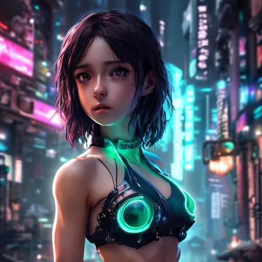 Prompt: 4k high resolution cgi anime cyberpunk style, petite Latin female, middle age, glowing eyes, dark hair, thick body build, small chest, bare belly and low cut green halter top, 