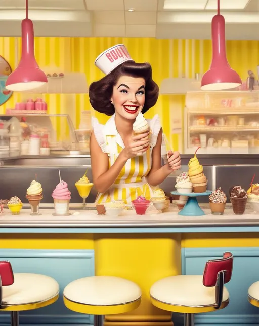 Prompt: A playful retro ice cream parlor scene for Banana Split Day with a yellow and white striped counter and 60s style stools where a smiling woman in a yellow dress and white apron prepares an over-the-top colorful banana split sundae under warm incandescent lighting, loaded with scoops of ice cream, bananas, chocolate sauce, sprinkles, whipped cream, and a cherry on top, styled with a 35mm lens to have a bright fun mood. 