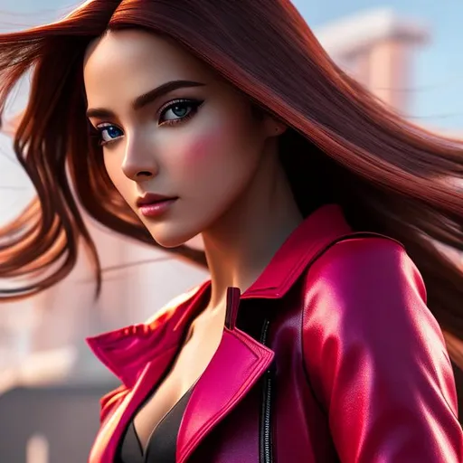 Prompt: 4k high resolution cgi anime modern style, full body display, Marvel wanda maximoff, eastern european face, auburn hair, no weapons, dark red trench coat