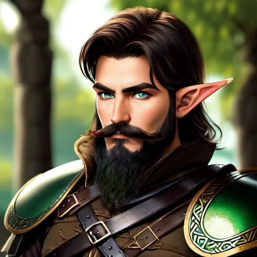Prompt: A Elf wearing a brown and green medieval viking/Ancient persian style leather armor. short black hair, long mustache, green eyes.