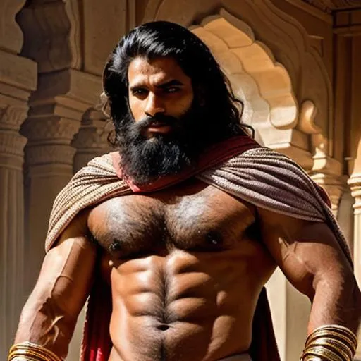 Prompt: scene of hyperreal haryana warrior with handsome rage pretty face, very hairy sensual pecs and calves, dhoti, shawl, arena, perfect composition, hyperrealistic, super detailed, 8k, high quality, trending art, trending on artstation, sharp focus, studio photo, intricate details, highly detailed, by greg rutkowski