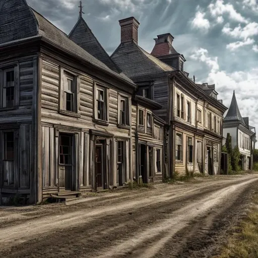 Prompt: Big 1800s buildings with road wooden carriges high resolution 4k