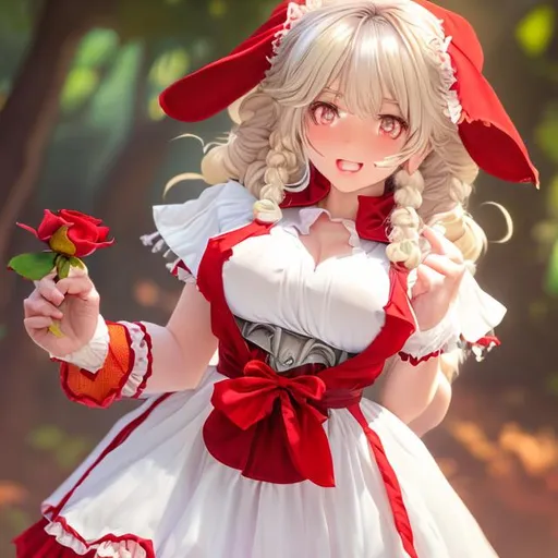 Prompt: A cute anime girl with a big body parts, and a lot of cleavage with yellow eyes and white hair, full body view with a clear see through shirt dressed like little red riding hood with a rose in her mouth 