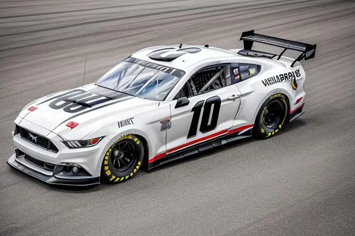 Prompt: Next Gen Nascar stock Ford Mustang car, sponsored by OpenArt, white and dark grey color scheme