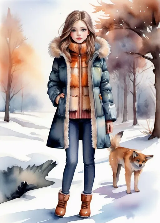 Prompt: young girl, winter outerwear,  very warm fur coat, a lot of details, high quality, standing straight, arms to the sides, paper doll, watercolor,