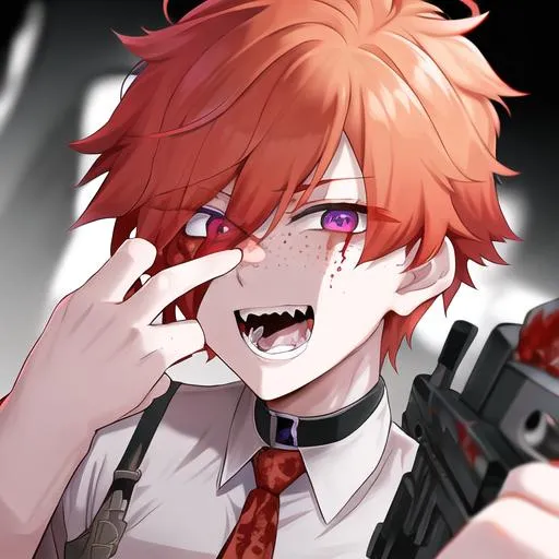 Prompt: Erikku male adult (short ginger hair, freckles, right eye blue left eye purple) UHD, 8K, Highly detailed, insane detail, anime style, covered in blood, psychotic, holding a shotgun pointing at the camera