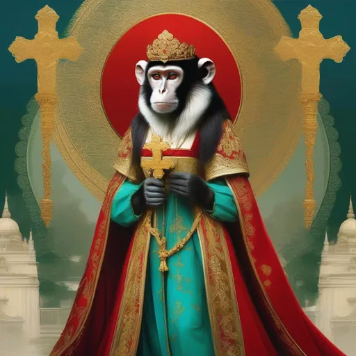 Prompt: Monkey empress, green eyes, wearing a long red dress and blue coat, holding a giant golden cross