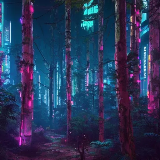 Prompt: CYBERPUNK FOREST FULL OF NEONS IN THE NATURE