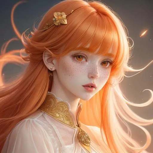 Prompt: intricately detailed, volumetric lighting, complementary colors, digital illustration, ethereal appearance, ethereal features hip length long ginger hair, choppy bangs, anime hair, pale skin, freckles, female, beautiful, lovely, attractive, cute, vibrant golden amber eyes, dainty nose, soft cheeks, full lips, well defined jawline, revealing outfit, 3/4 view, semi-realistic, 8k resolution