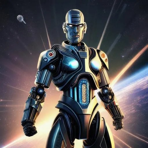 Prompt: Cyber warrior, cyborg, intergalactic, heroic, amazing, majestic, powerful, strong, in space