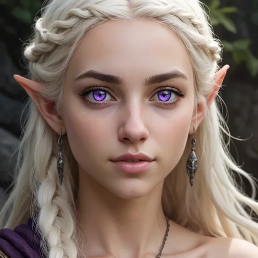 Prompt: hyper-realistic female half elf character, she has violet eyes, she has long ice blonde colored wavy hair, she has tanned skin, she has black eye brows and eye lashes, She is very goddess like
, fantasy character art, illustration, dnd,