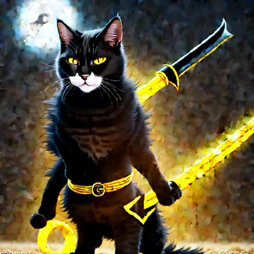 Prompt: 15 year old cat-boy, look like a human with cat ears and a cat tail, black curly, black fur, yellow eyes, wear all black, wear a black hoodie, with a wooden sword on there back, 5 feet tall, light brown skin