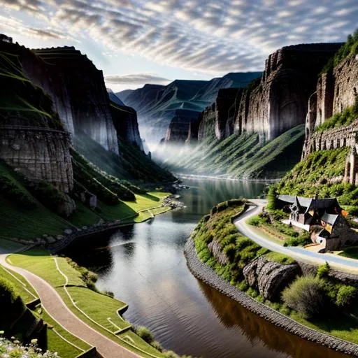 Prompt: Fantasy town along a wide deep river, one side only, panoramic picture, landscape, photo realistic, intricate details, open plains, no mountains
