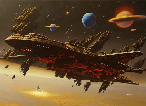 Prompt: phaser, dead, battle, action, war, spaceship, wreck, oil painting, hd quality, UHD, hd , 8k, hyper realism, panned out view resolution, spaceman, ancient, laser, explosion, many colours, spacewar, saucer, ice planet, rotting, rust, pew pew, beam, fire, explosion, dead planet, firepower, robots, zombies,