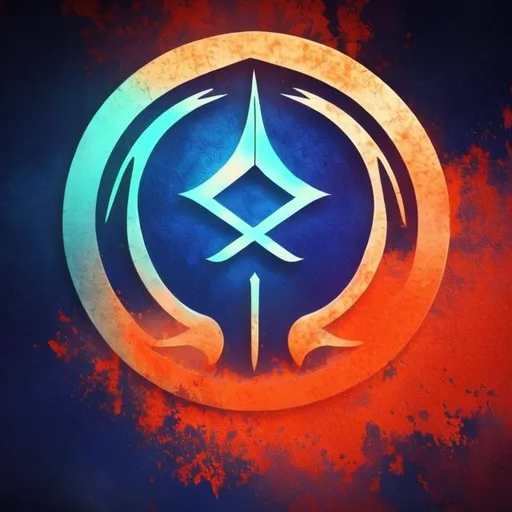 Prompt: blue and orange background with a daedric symbol above the background