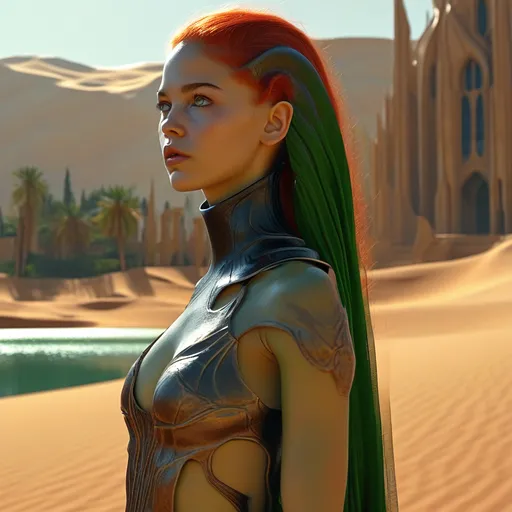 Prompt: hybrid earth and alien woman, 185 cm tall, 80 kg, light green skin,red hair, large full black eyes, standing confidently on Arrakis, picturesque dune planet, lush vegetation, imperial palace, realistic,, warm, dramatic lighting, inviting ambiance, vibrant colors blending with arid terrain, emphasis on intricate details capturing the energy of her presence. add vegetation add a lake