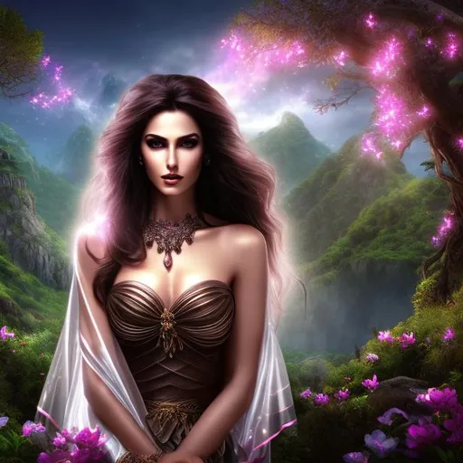 Prompt: HD 4k 3D 8k professional modeling photo hyper realistic mysterious gothic beautiful evil woman ethereal greek goddess of deceit and lies
brown straight hair dark eyes gorgeous face brown skin  shimmering dress with sash tiara with veil winged feet full body surrounded by magical glowing light hd landscape background island of crete jungle vegetation beetles and smoke