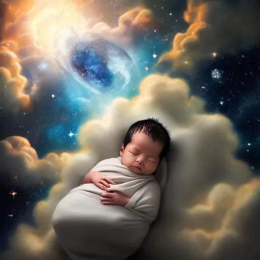 Prompt: a newborn baby  sleeping on a cloud surrounded by space 