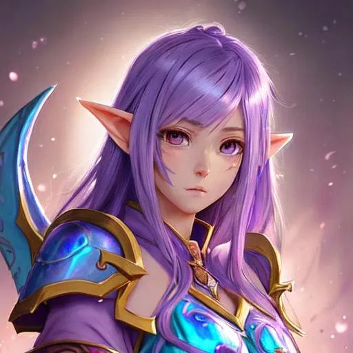 Prompt: female astral elf oath of wile Paladin character concept art and illustration by akihiko yoshida, style of pixar, amazing detailed face closeup, medium purple hair, big beautiful eyes swirl with iridescent colors, wearing traveler's clothes, action, madhouse and kyoani character face, cute, pretty girl, portrait, pixiv, artstation, spectacular details, Volumetric Lighting, Dramatic lighting