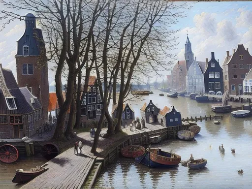 Prompt: Dutch 16th century town, cityscape, boats at the pier,  oil painting on canvas, spring, oil painting on canvas, in a style of Cornelis Springer, old dutch landscape, 16th century holland, sunny day, chapel, on the left is a high old dilapidated brick fence