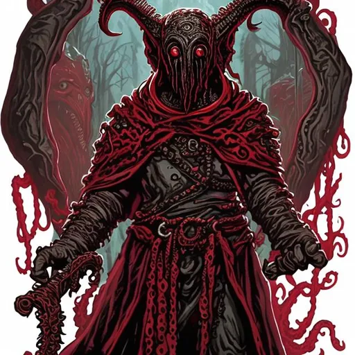 Prompt: In a dungeons and dragons 5th editionart style a lovecraftian cultist with unpronounced monstrous features in a mask holding a knife with some red details in the background 
